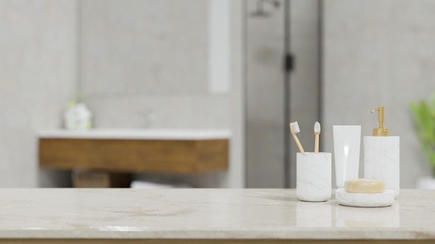 White marble bathroom countertop with a ceramic bathroom product container and copy space 3d render