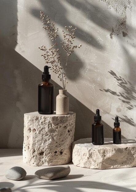 Photo a white marble block with bottles of shampoo and a flower on it