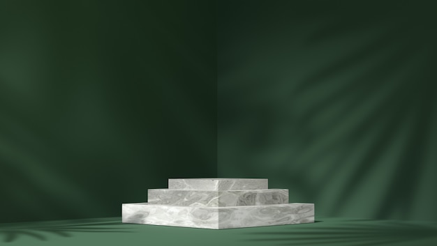 White Marble box podium for product placement in shadow leaves background