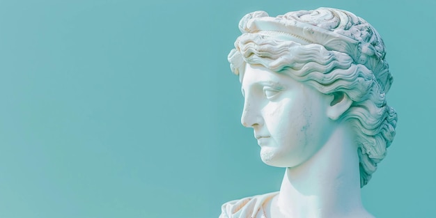 White Marble Bust Of Woman Antique Greece Sculpture On Teal Minimalist Background AI Generated