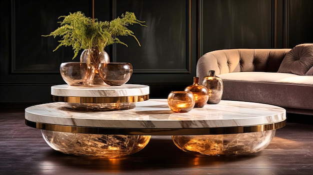 White marble coffee tables with metallic accents