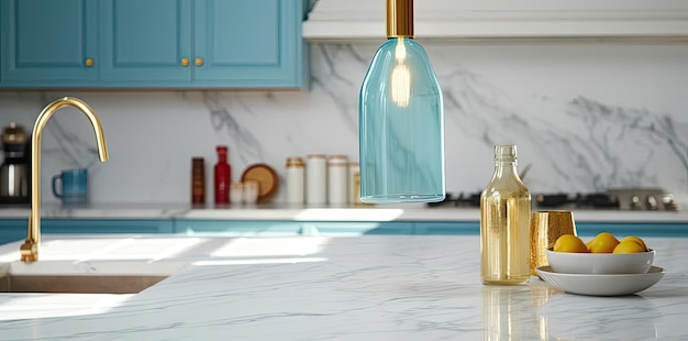 a white marble counter and gold pendant light on a kitchen in the style of bokeh panorama