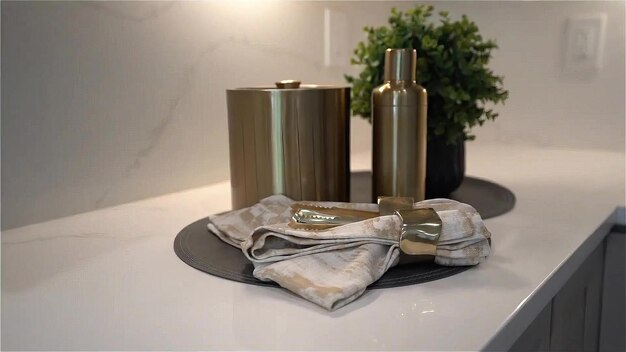 a white marble counter top with two gold containers on it