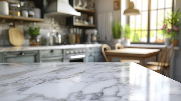 White Marble Countertop in a Blurred Modern Kitchen