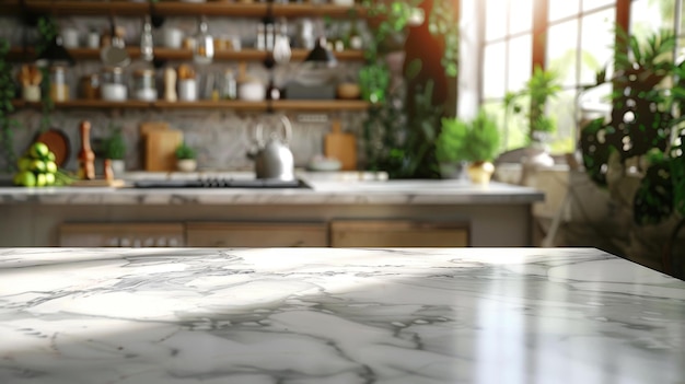 White Marble Countertop with Blurred Kitchen Background