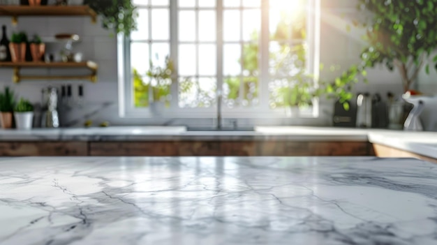 White Marble Countertop with Blurred Kitchen Background