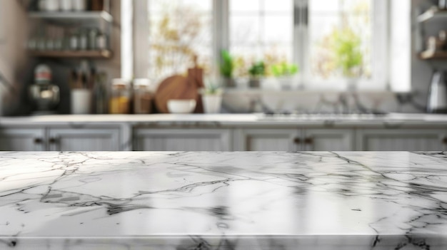 White Marble Countertop with Blurred Kitchen Background