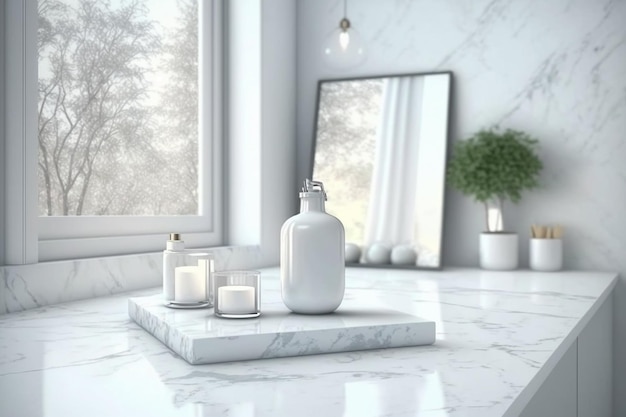 A white marble countertop with a white marble countertop and a white vase with candles on it.