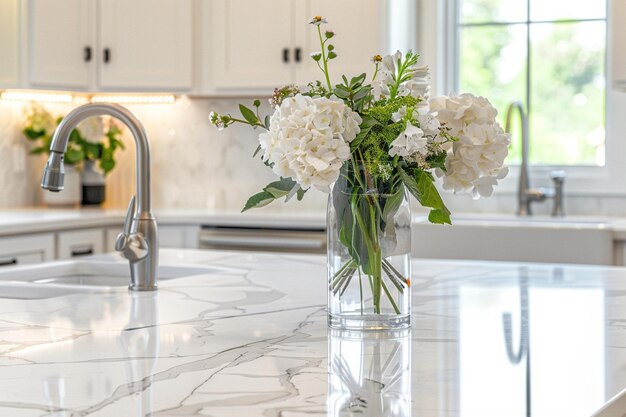 Photo a white marble countertop with a white marble countertop and a white vase with candles