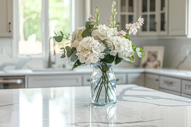 Photo a white marble countertop with a white marble countertop and a white vase with candles