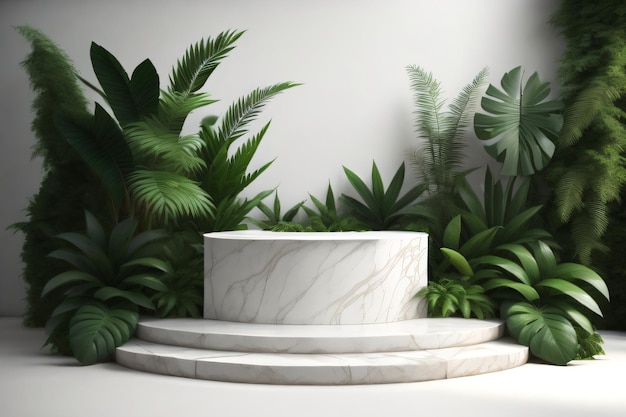 white marble cylinder podium green leaves in white background