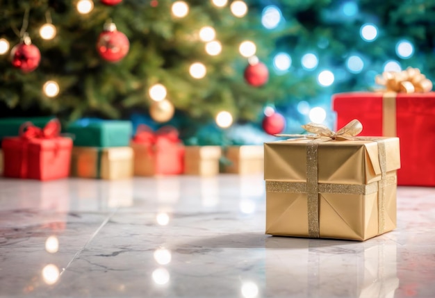 White marble floor and New Years gift boxes decorated with Christmas trees and neon lights