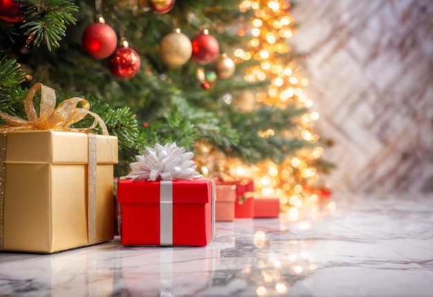 White marble floor and New Years gift boxes decorated with Christmas trees and neon lights