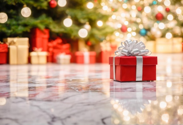 White marble floor and New Years gift boxes decorated with Christmas trees and neon lights