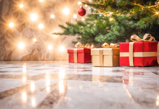 White marble floor and New Years gift boxes decorated with Christmas trees and neon lights