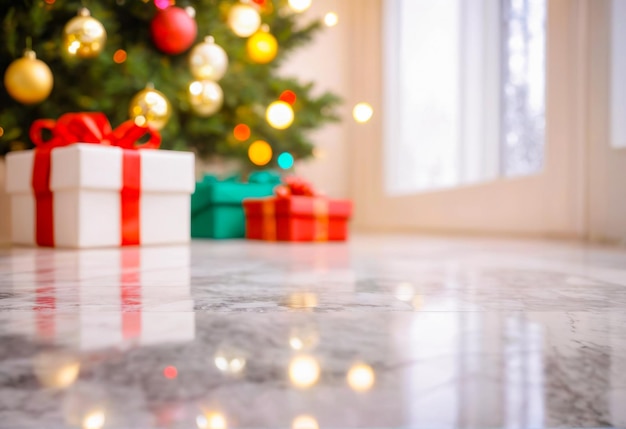 White marble floor and New Years gift boxes decorated with Christmas trees and neon lights