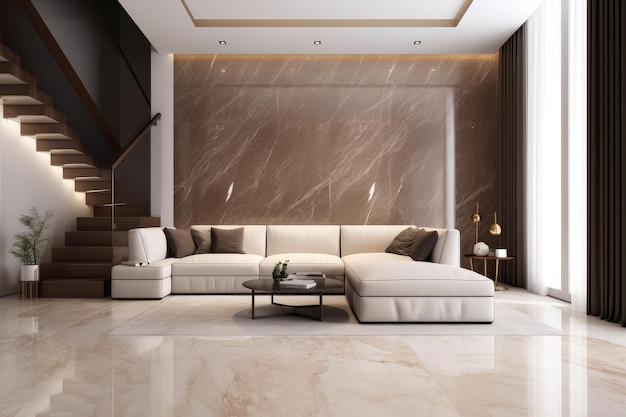 White marble floor tile in brown wall hall luxury living room AI