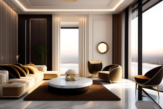 White marble floor tile in brown wall hall luxury living room with beige corner sofa modern coffee