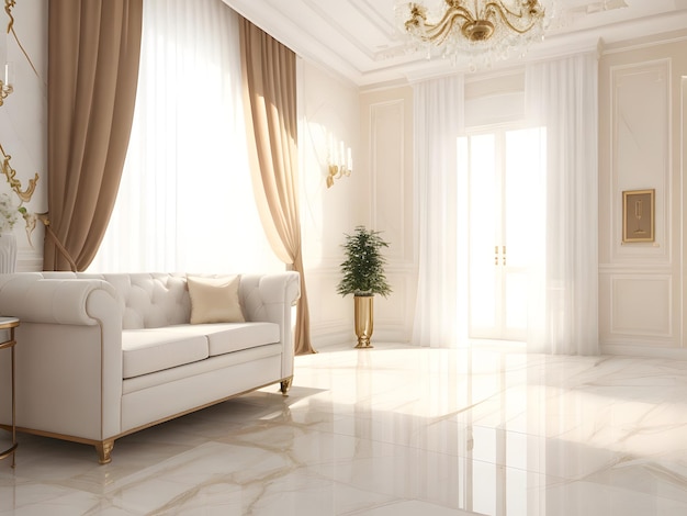 White marble floor tile in brown wall hall luxury living room with beige corner sofa side table