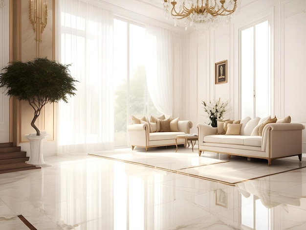 White marble floor tile in brown wall hall luxury living room with beige corner sofa side table