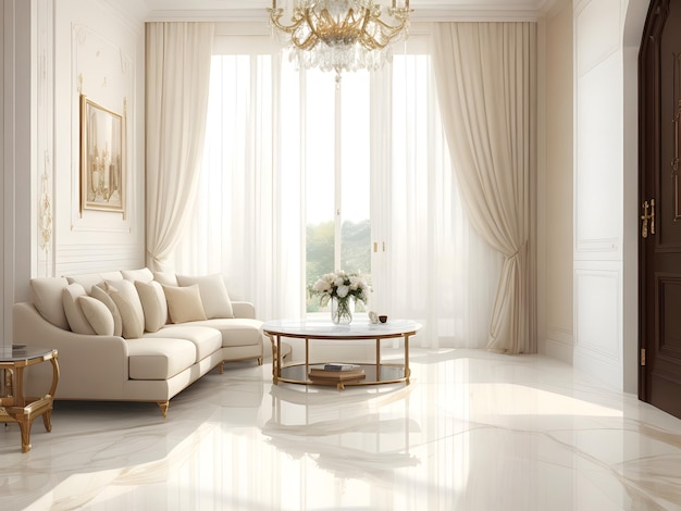 White marble floor tile in brown wall hall luxury living room with beige corner sofa side table