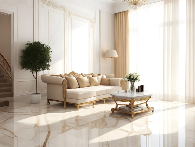 White marble floor tile in brown wall hall luxury living room with beige corner sofa side table