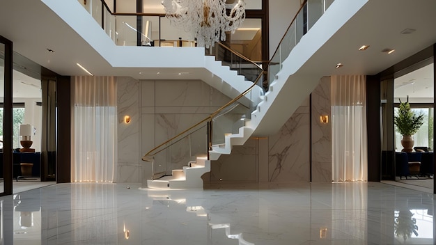 White marble floors gleam under the soft light of a minimalist chandelier A floating staircase