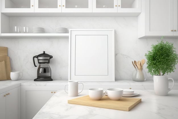 White marble kitchen table with framed square poster in a white wooden kitchen with a cup and saucer shelf mockup