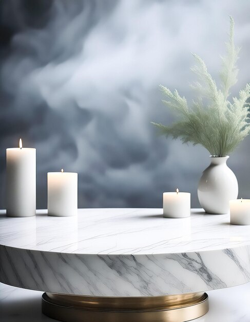 Photo white marble pedestal with burning candles and a vase of dried flowers against a blurred background