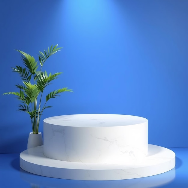 White marble podium on blue background with plant