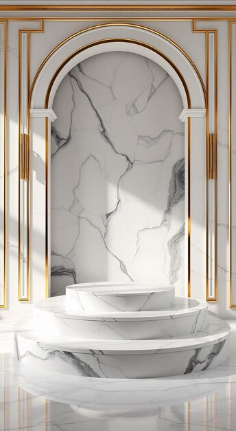 White marble podium in a classic archway with golden trim