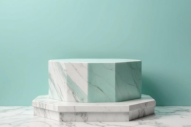 white marble podium on mint color background