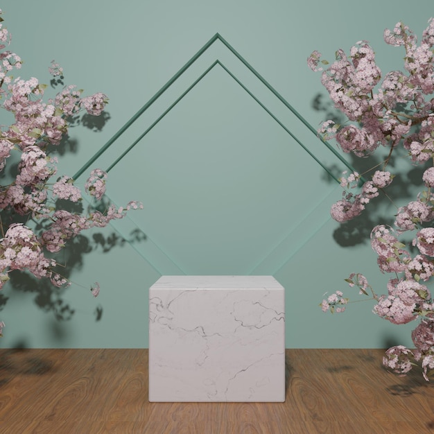 White marble podium showcase for product placement with blossom