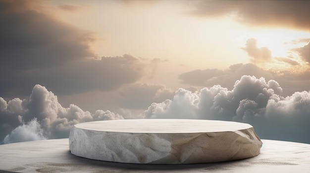 White marble podium with beautiful sky and clouds