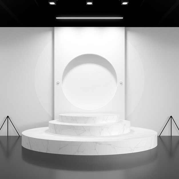 Photo white marble podium with circular cutouts in the background