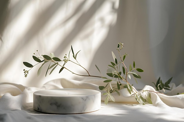 White marble podium with eucalyptus branches on white fabric