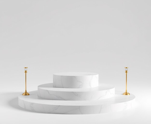 Photo white marble podium with gold candle holders