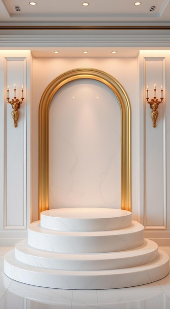 White marble podium with gold frame arch in a white luxury room