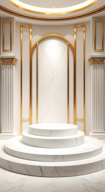 White marble podium with gold trim in a classic interior