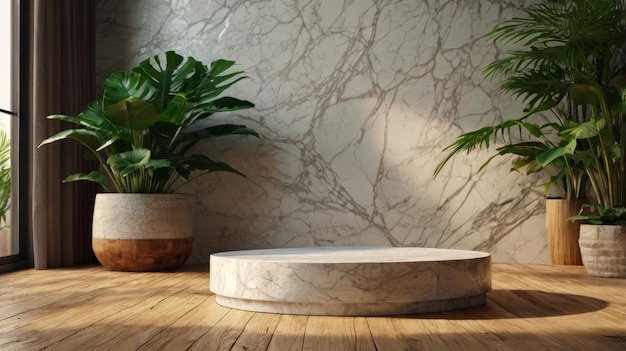 White Marble Podium with Leafy Shadow Morning Light