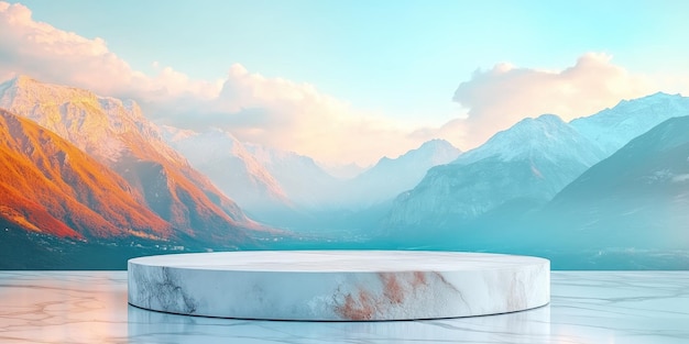 White Marble Podium with Mountain Range Background