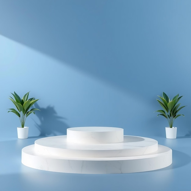 White marble podium with plant on blue background