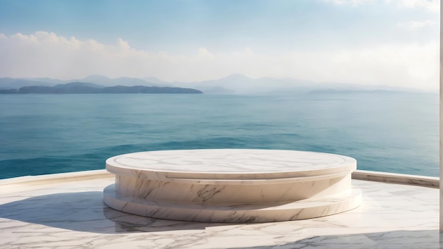 White marble podium with sea view on background Highquality photo