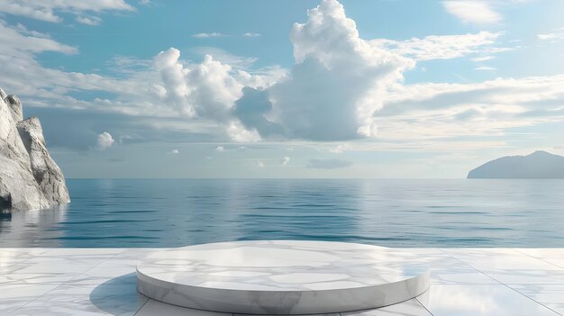 White marble podium with sea view on background