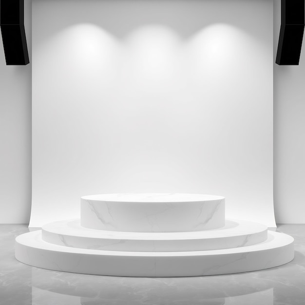 White marble podium with spotlight on white backdrop