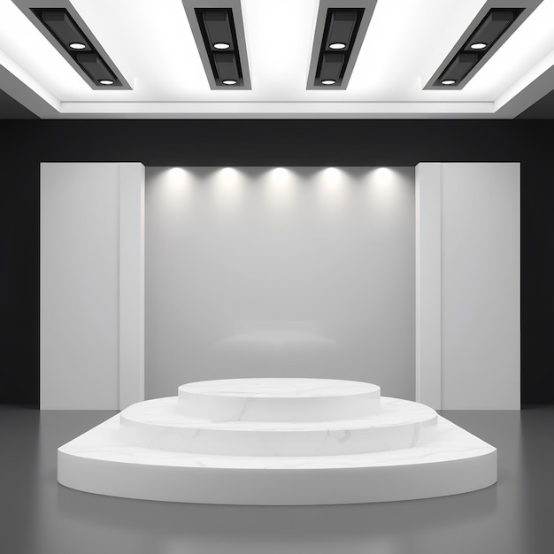 White marble podium with spotlights on gray floor