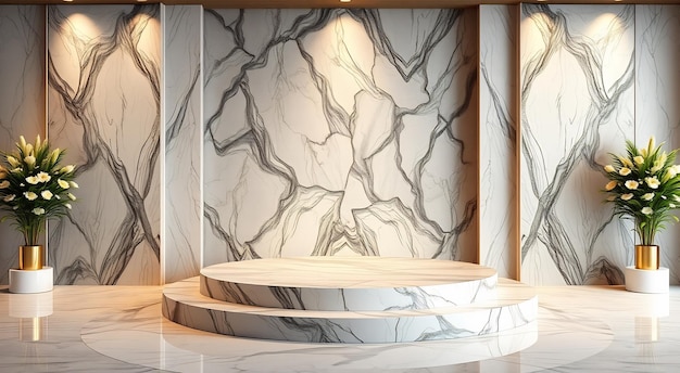 White marble podium with two steps on marble floor