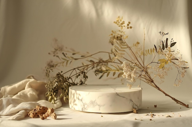 White marble product stand with dried flowers eucalyptus branches and soft blanket on white backgro