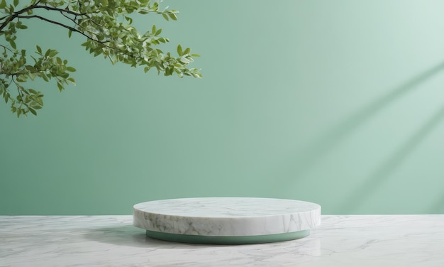 White marble slab stand with green wall background and branch decorations Product stand and podium for display