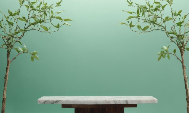 White marble slab stand with green wall background and branch decorations Product stand and podium for display